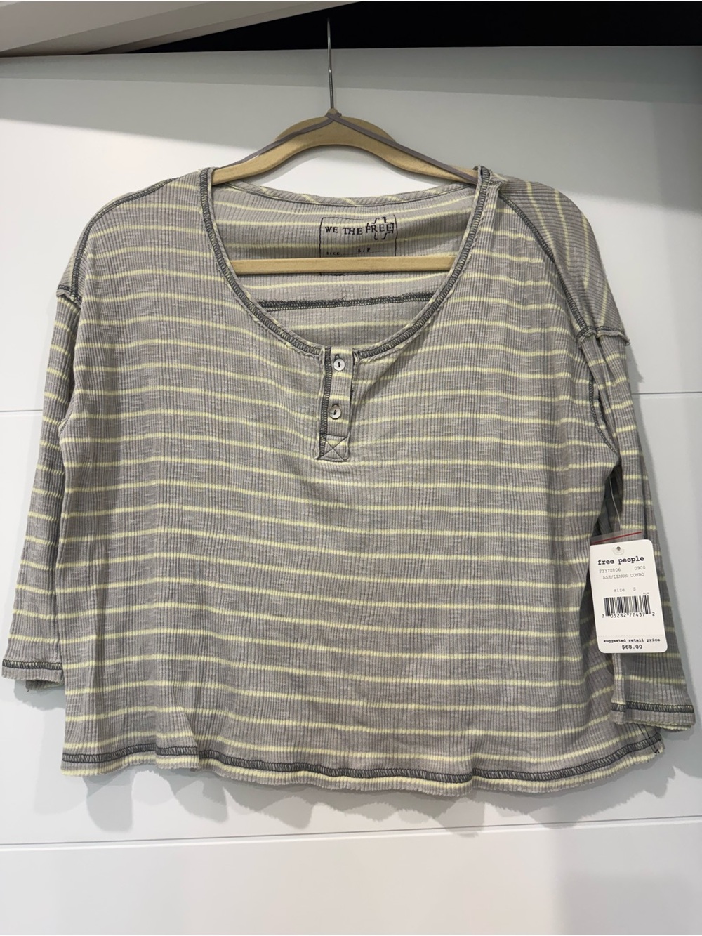 We The Free Striped Gray & Cream Henley Long Sleeve Top